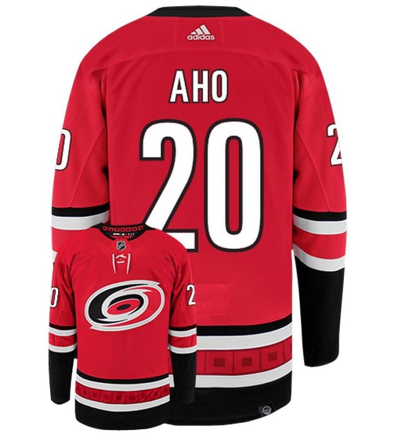 Sebastian Aho Carolina Hurricanes Adidas Primegreen Authentic Home NHL Hockey Jersey - Back/Front View