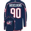 Elvis Merzlikins Columbus Blue Jackets Adidas Primegreen Authentic Home NHL Hockey Jersey - Back/Front View